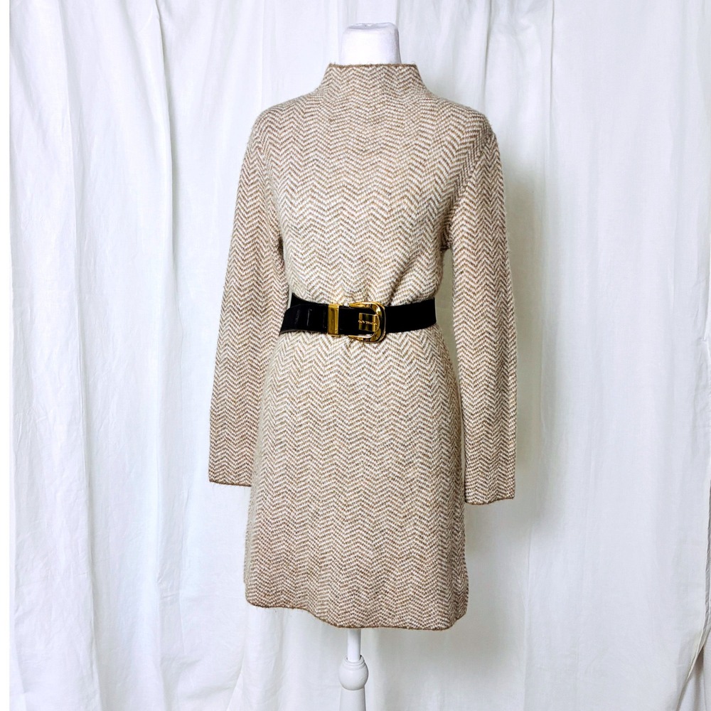 Max Studio Sweater Dress Mock Neck Tan Herringbone Tweed Academia Neutral Small